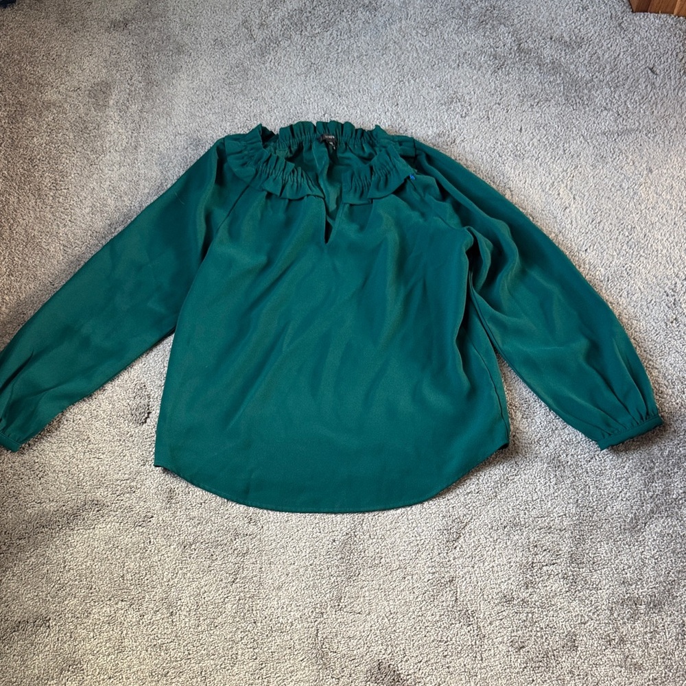 J. Crew Emerald Green Ruffle Neck Long Sleeve Blouse Size XS